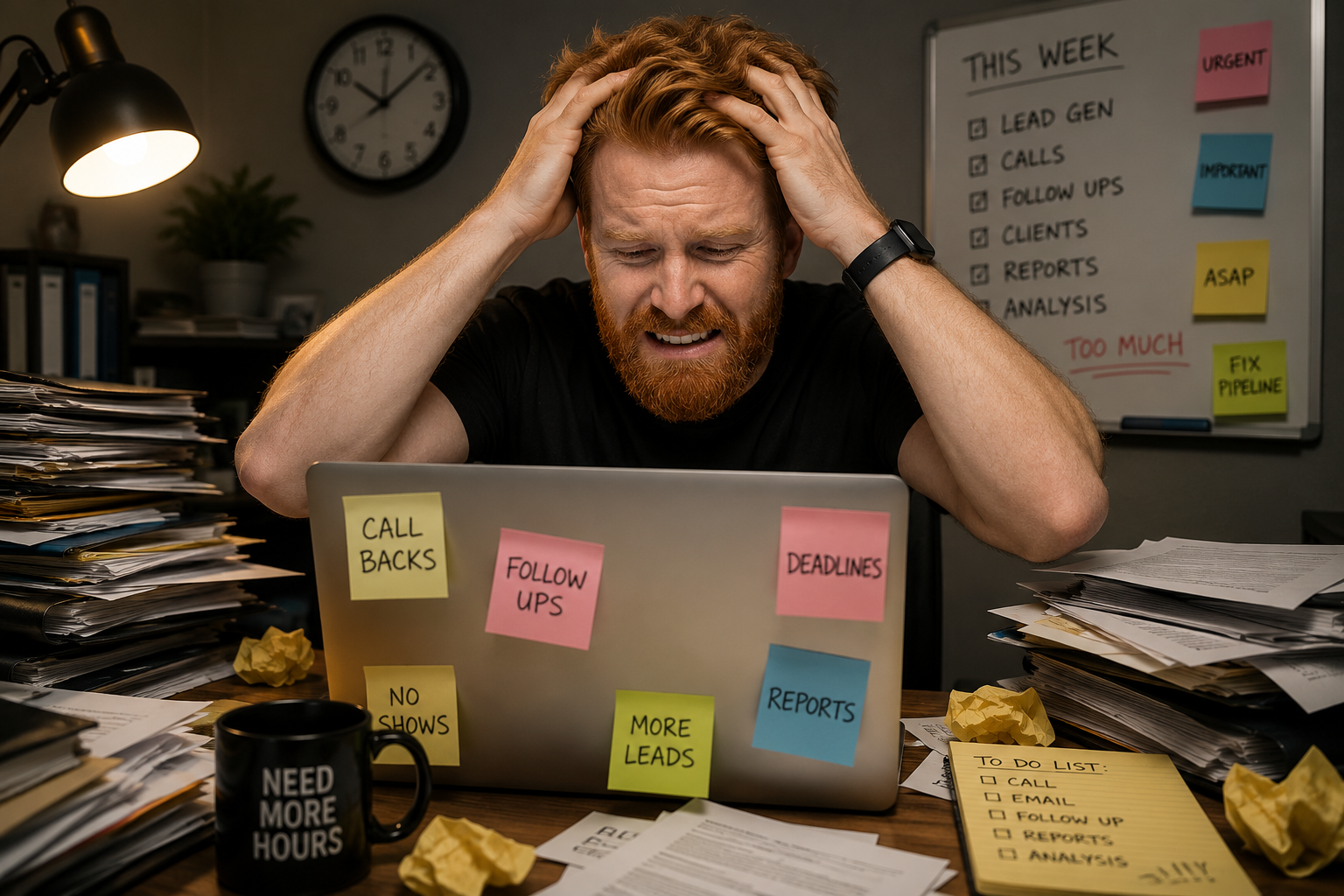 Drowning in busywork at a desk covered in sticky notes